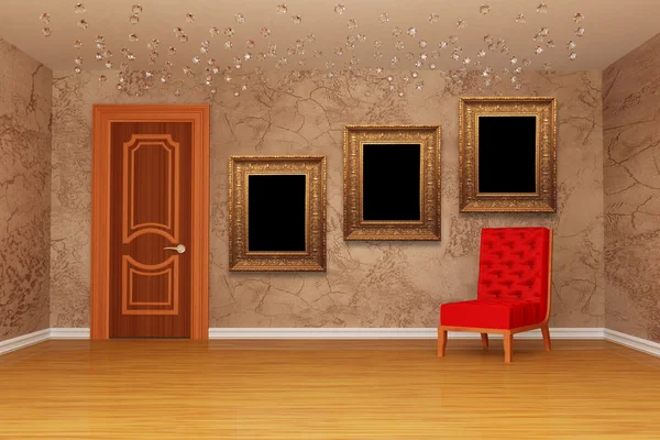 Pusty pokój z drzwi, czerwone krzesło i trzy ramki do zdjęć — Zdjęcie stockowe