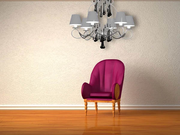 Silla púrpura y lámpara de araña de lujo en interior minimalista —  Fotos de Stock