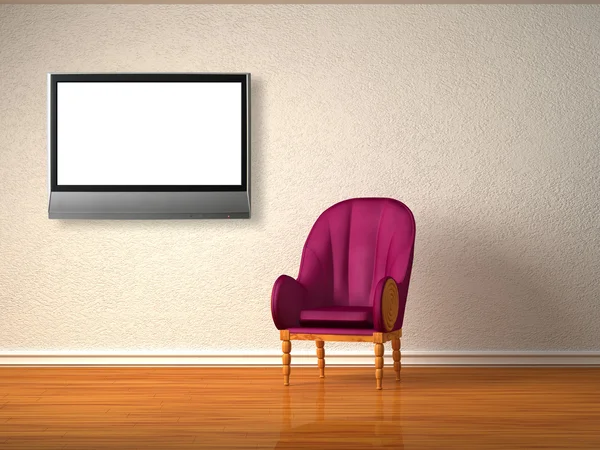 Розкішне крісло з LCD телевізором в мінімалістичному інтер'єрі — стокове фото