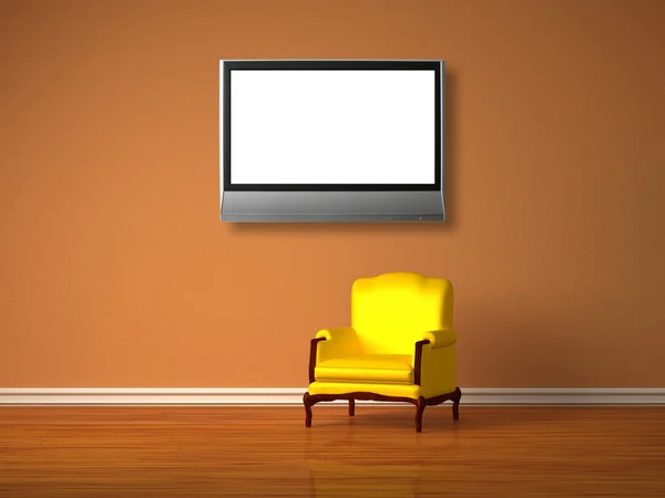 Egyedül szék luxus lcd TV-vel, minimalista belső — Stock Fotó