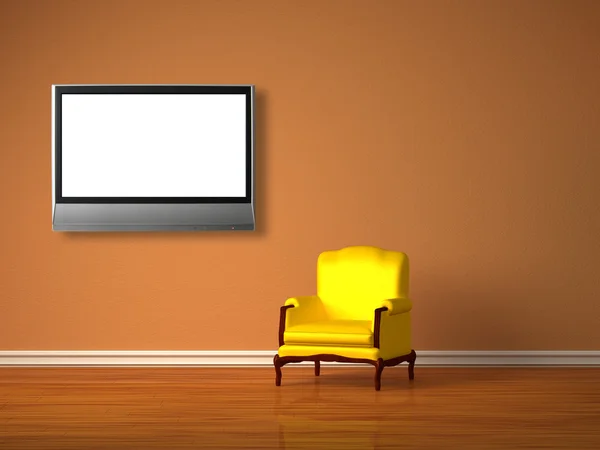 Один роскошный стул с ЖК-телевизор в минималистском интерьере — стоковое фото