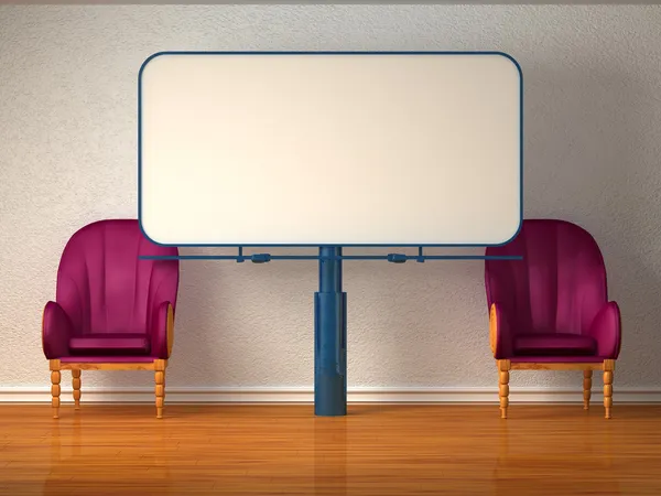 Zwei luxuriöse Stühle mit Werbetafel in minimalistischem Interieur — Stockfoto