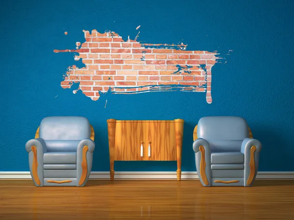 Dwa krzesła drewniane konsoli i splash otwór w niebieskie wnętrze — Zdjęcie stockowe