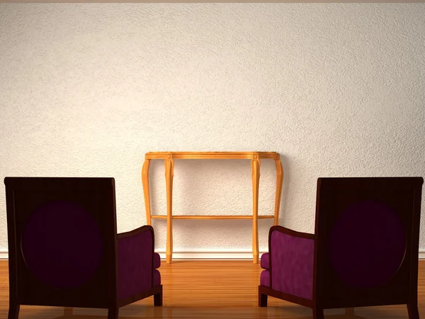 Due sedie di lusso con consolle in legno in interni minimalisti — Foto Stock