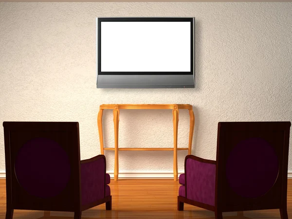 Dvě luxusní židle s dřevěnými konzole a lcd tv v minimalistický interiér — Stock fotografie