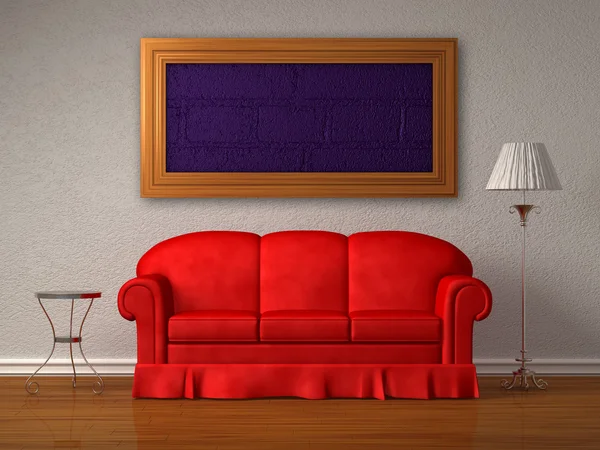 Le canapé rouge, la table et la lampe de stand avec le cadre — Photo