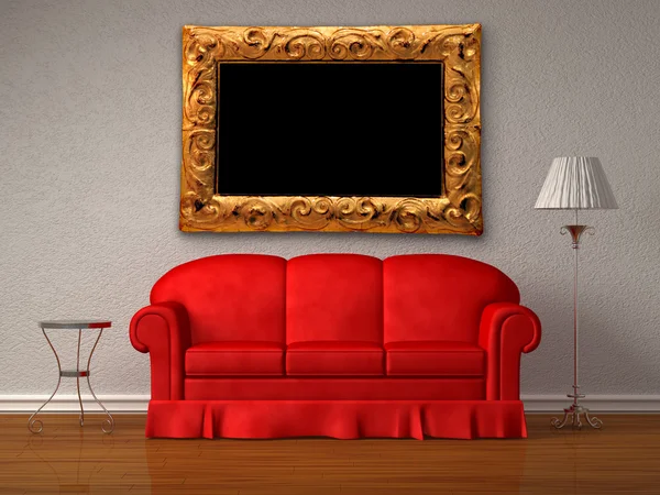 O sofá vermelho, a mesa e a lâmpada de suporte com o quadro antigo no wh — Fotografia de Stock