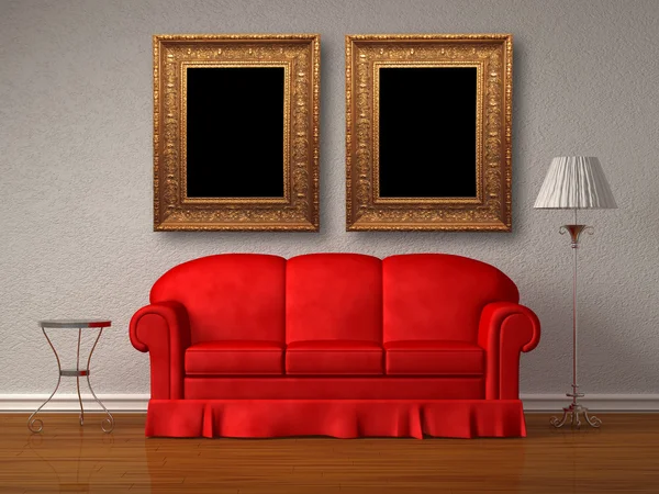 Κόκκινο καναπέ με πίνακα και στάση λαμπτήρα με τα πλαίσια στο λευκό μινιμαλιστικό εσωτερικό — Φωτογραφία Αρχείου