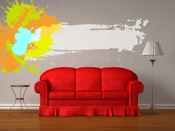 Rode sofa met tabel en standaard lamp met splash frame in witte minimalist in — Stockfoto