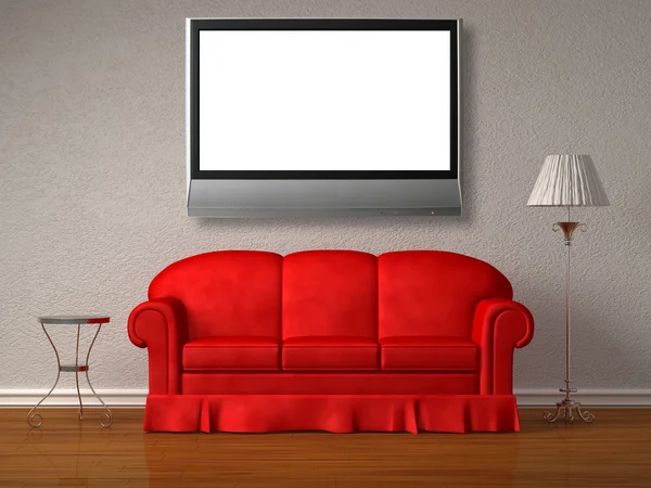 Rode sofa, tafel en standaard lamp met de LCD-tv in witte minimalistische interieur — Stockfoto