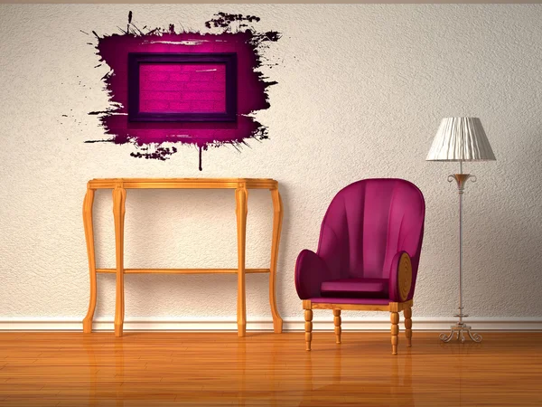 Luxurious chair with wooden console, stand lamp and splash hole in purple i — Stock Photo, Image