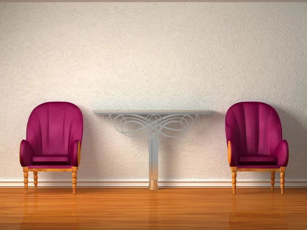 Två lyxiga stolar med metalliskt konsol i minimalistisk interio — Stockfoto