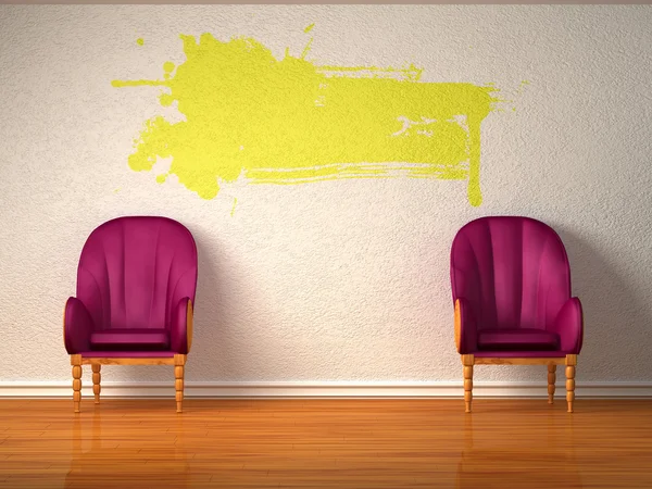 Dwa luksusowe fotele z żółty splash w minimalistycznym wnętrzu — Zdjęcie stockowe