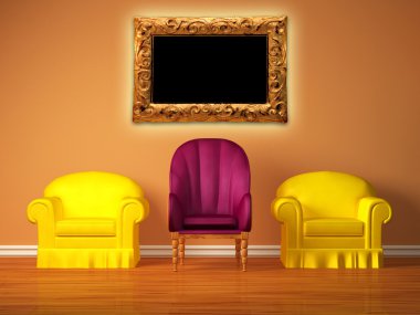 Two yellow chairs with a purple chair and picture frame in the middle