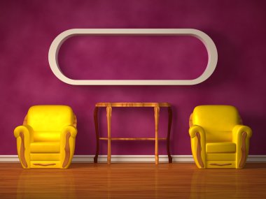 Two chairs with wooden consoleand bookshelve in purple interior clipart