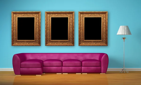 Fioletową kanapę z standardowej żarówki i ramki do zdjęć w minimalistycznym wnętrzu — Zdjęcie stockowe