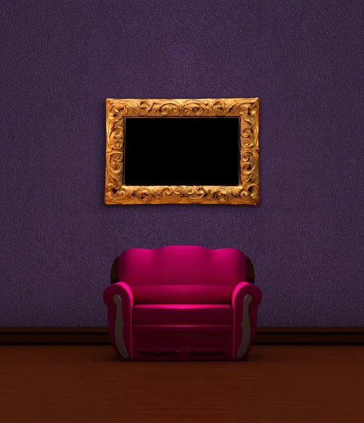 Stock image Pink couch with picture frame in purple minimalist interior