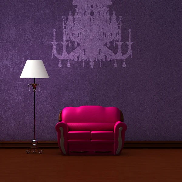 Rosa Couch und Stehlampe mit Kronleuchter-Silhouette in lila minimalistischem Interieur — Stockfoto