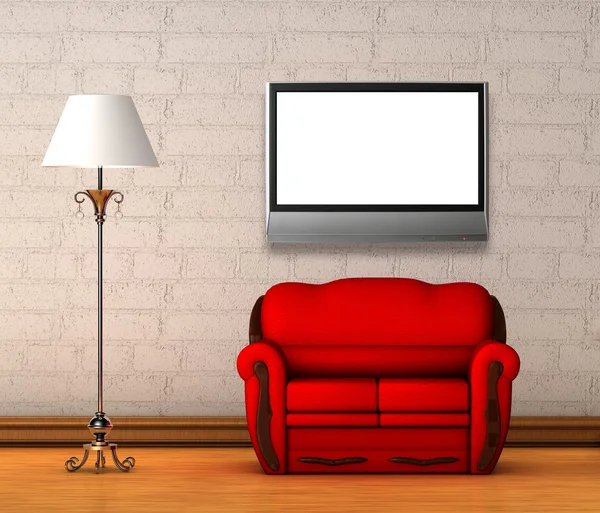Κόκκινο καναπέ με πρότυπο λαμπτήρα και lcd τηλεόραση στο μινιμαλιστικό εσωτερικό — Φωτογραφία Αρχείου