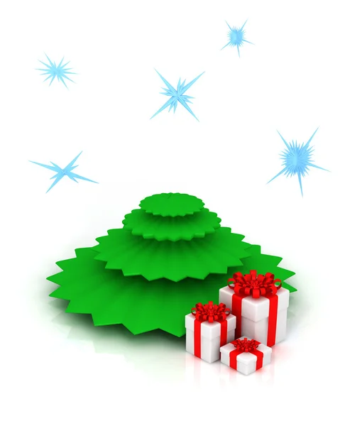 Karácsonyfa, ajándékok és hópelyhek — Stock Fotó