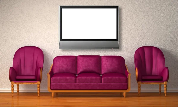 Dos sillas de lujo con sofá púrpura y tv lcd en el interior minimalista —  Fotos de Stock