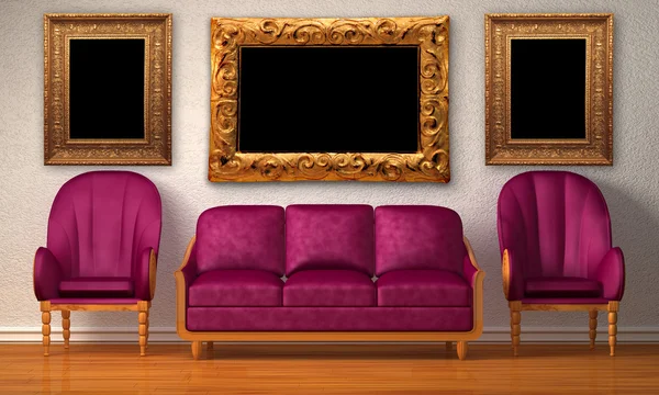 Two luxurious chairs with purple couch and picture frames in minimalist interior — Stock Photo, Image