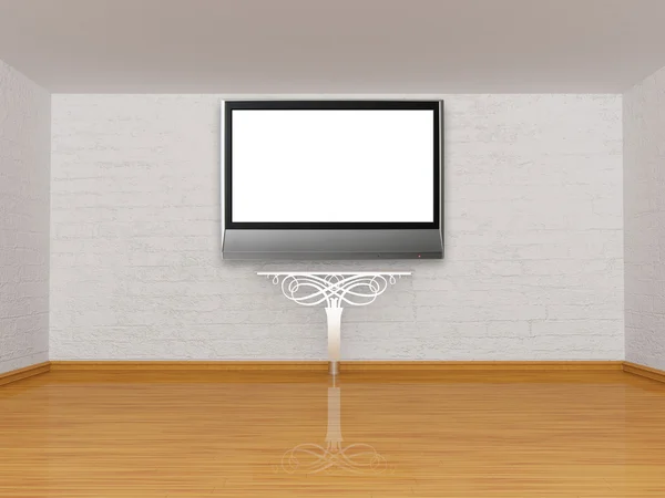 Console-table with lcd tv in gallery — Stock Photo, Image