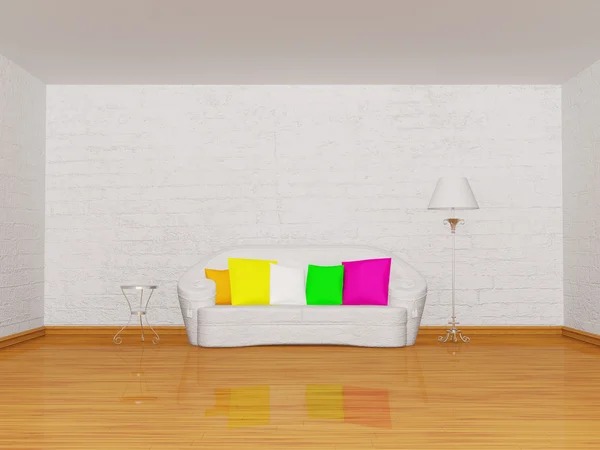 Sala de estar minimalista com sofá branco, mesa e lâmpada padrão — Fotografia de Stock