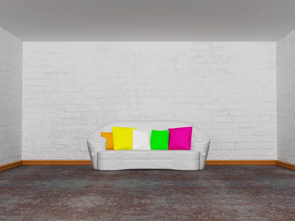 Minimalistyczny salon z białej kanapie z kolorowe poduszki — Zdjęcie stockowe