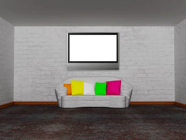 Soggiorno minimalista con divano bianco con cuscino colorato e tv lcd — Foto Stock