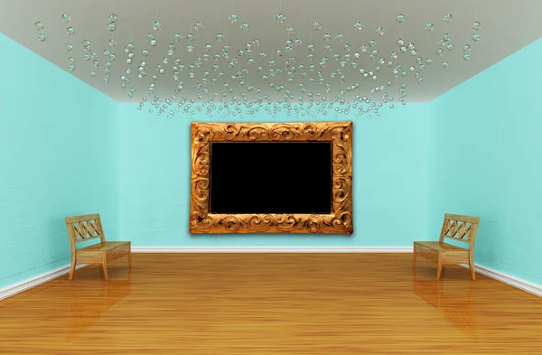 Gallery room with benches and picture frame — Stock Photo, Image