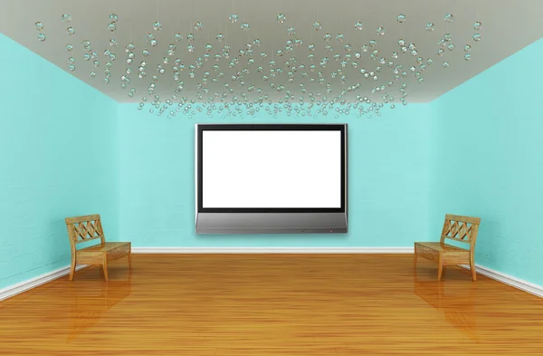 Pokój typu Gallery z ławki i płaski telewizor — Zdjęcie stockowe