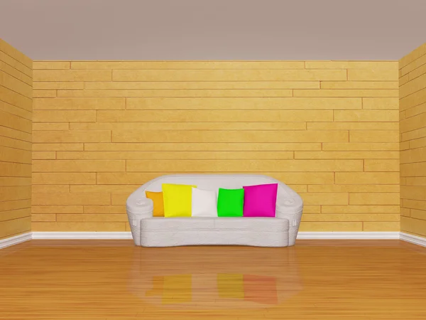 Mosaik-Raumausstattung mit weißer Couch mit farbigem Kissen — Stockfoto