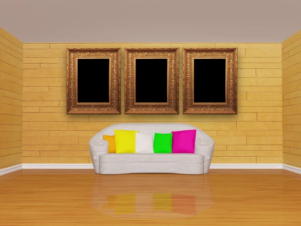 Wnętrza pokoju mozaika z białej kanapie i obraz ramki — Zdjęcie stockowe