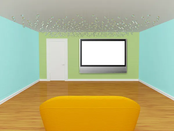Leere Galerie mit Sofa, geschlossener Tür und LCD-Fernseher — Stockfoto