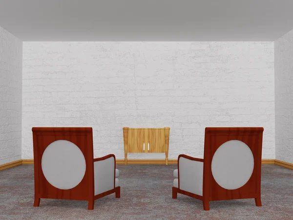 Duas cadeiras luxuosas com console de madeira em interior minimalista — Fotografia de Stock