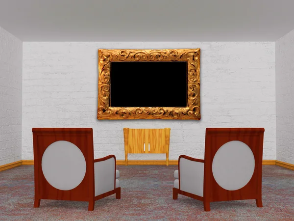 Duas cadeiras luxuosas com um console de madeira e uma moldura no interior minimalista — Fotografia de Stock