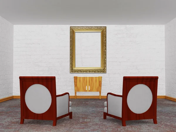 Δύο πολυτελή καρέκλες με ξύλινη κονσόλα και άδειο περίκομψο πλαίσιο — Φωτογραφία Αρχείου