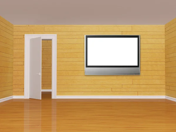 開いたドアとフラット スクリーン テレビでオレンジの部屋 — ストック写真