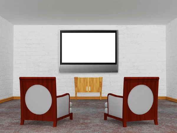 两个豪华椅子与木控制台和液晶电视的极简主义室内 — 图库照片