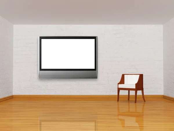 Silla blanca con tv lcd en interior minimalista —  Fotos de Stock