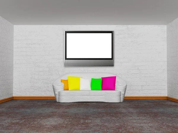 Минималистская гостиная с белым диваном с цветной подушкой и ЖК-телевизором — стоковое фото