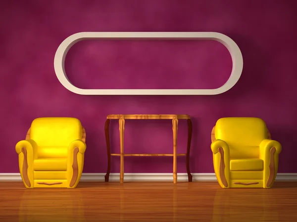 Due sedie con consolle in legno e libreria in interni viola — Foto Stock