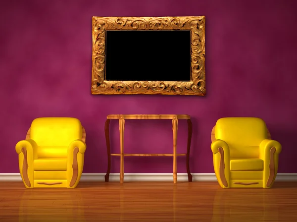 Zwei Stühle mit Holzkonsole im lila Interieur — Stockfoto