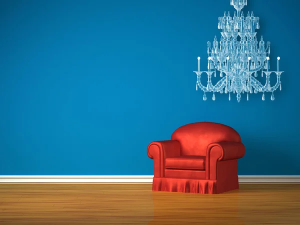 De rode stoel met de glazen kroonluchter in een minimalistische interieur — Stockfoto