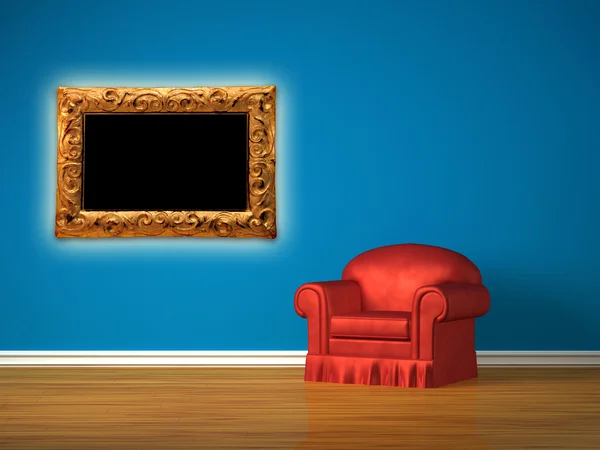 A cadeira vermelha com moldura em interior minimalista — Fotografia de Stock