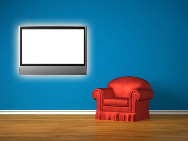A cadeira vermelha com tv lcd no interior minimalista — Fotografia de Stock
