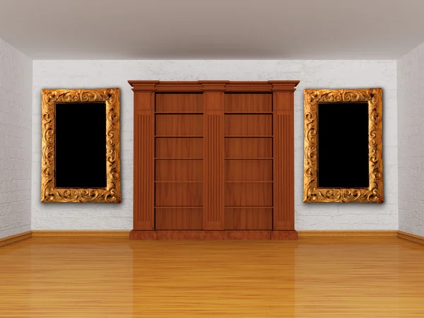 Estante de madeira vazia com moldura em interior minimalista — Fotografia de Stock
