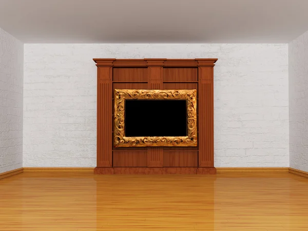 Dřevěná police s obrázkovým rámem v minimalistickém interiéru — Stock fotografie