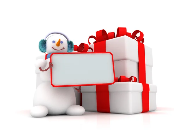 Hombre de nieve y tres cajas de regalo con cintas —  Fotos de Stock